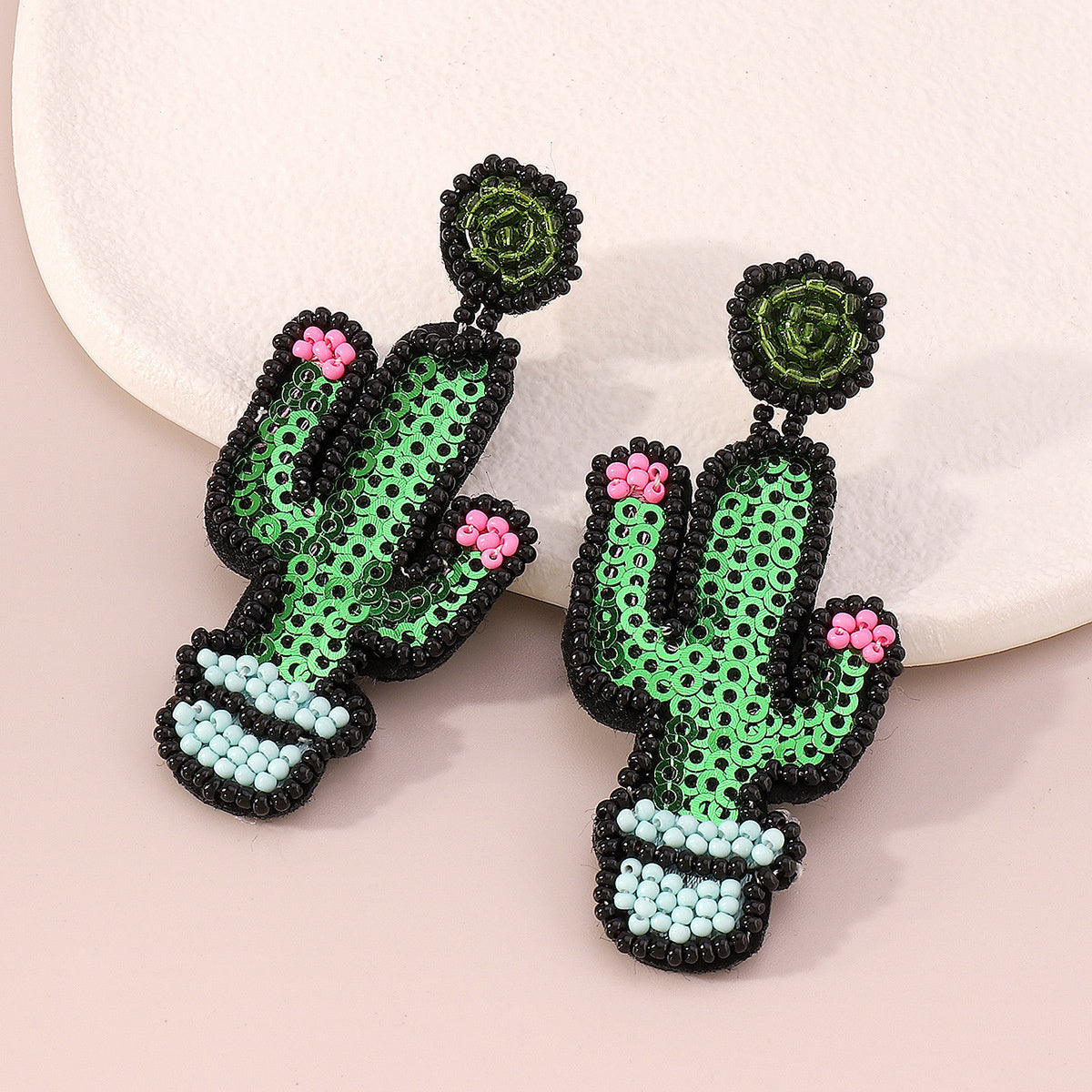 Howlite and Sequin Cactus Drop Earrings, drop earrings for women, dainty minimalist design, detail close-up