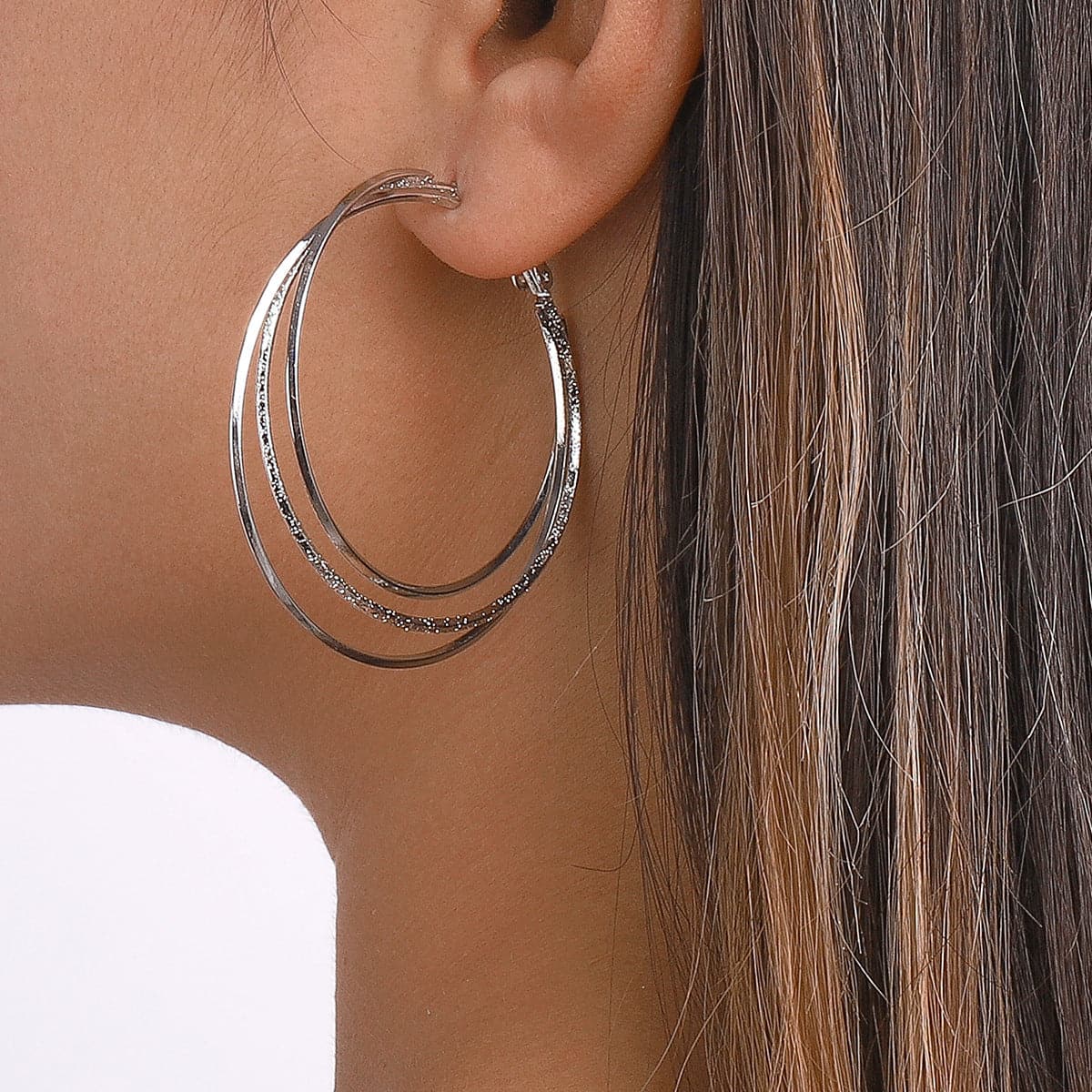 Silver-Plated Layered Hoop Earrings, botanical inspired, front view