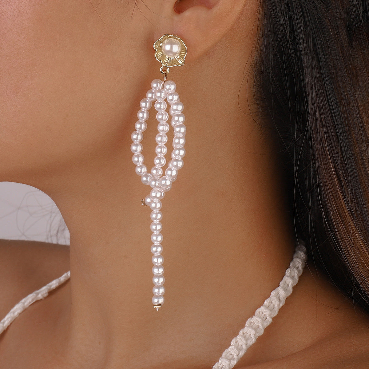Pearl and 18K Gold-Plated Floral Loop Drop Earring, gold drop earrings for women, everyday style, front view