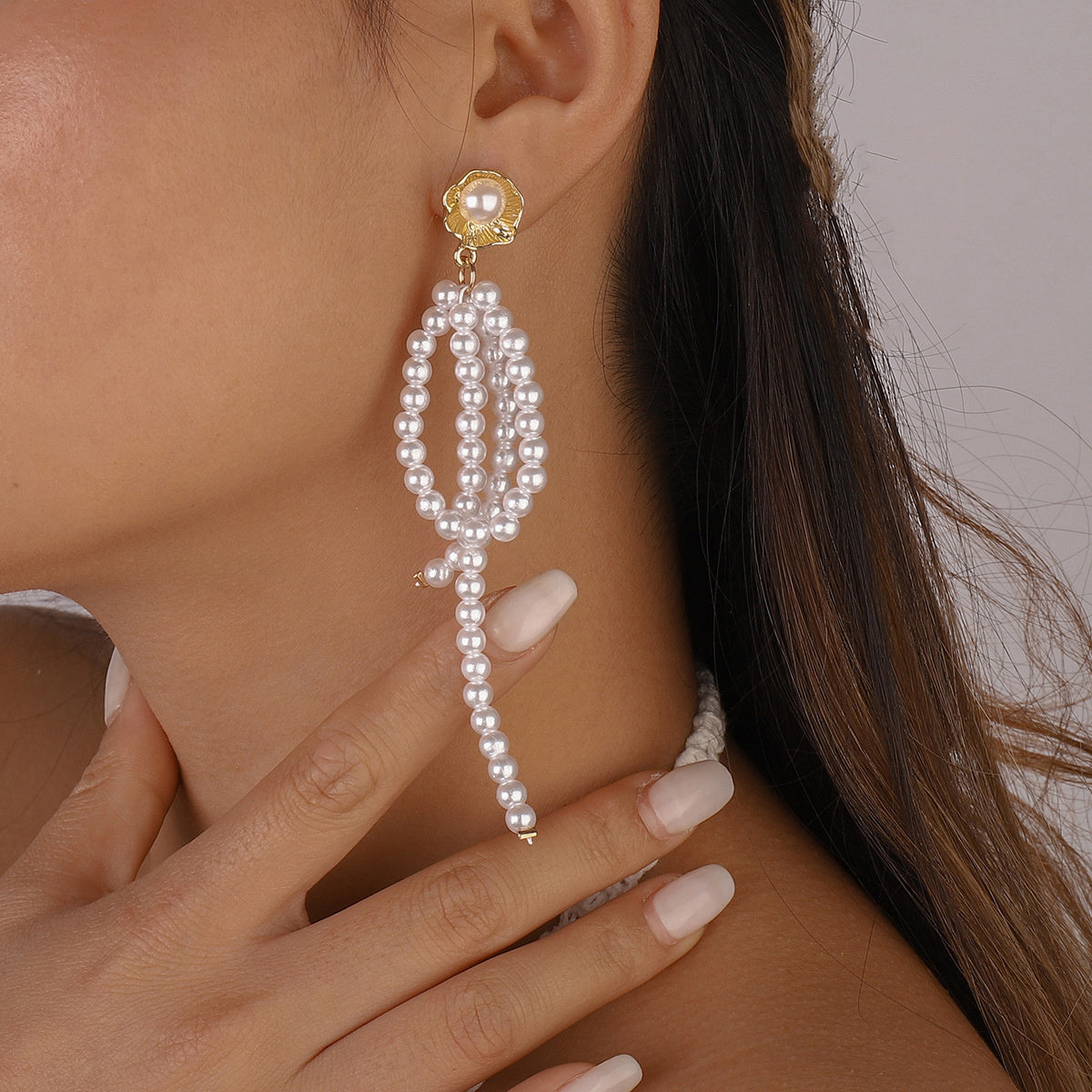 Pearl and 18K Gold-Plated Floral Loop Drop Earring, gold drop earrings for women, everyday style, side view
