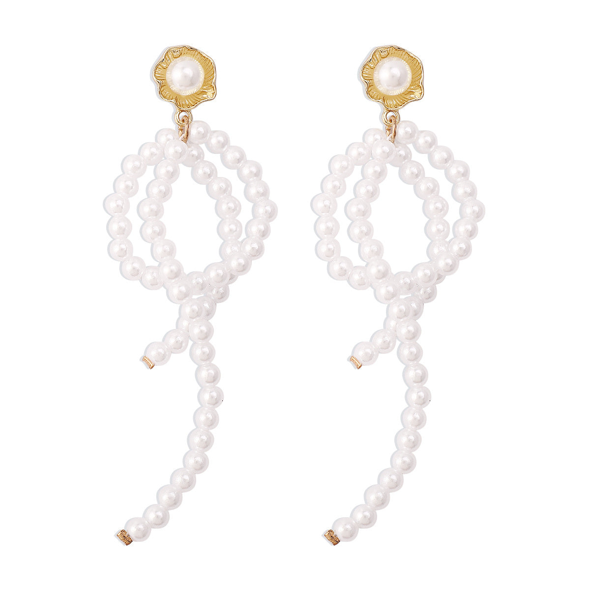 Pearl and 18K Gold-Plated Floral Loop Drop Earring, gold drop earrings for women, everyday style, detail close-up