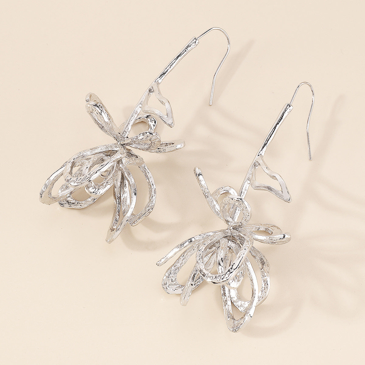 Silver-Plated Abstract Open Flower Drop Earrings