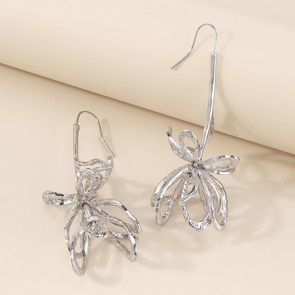 Silver-Plated Abstract Open Flower Drop Earrings
