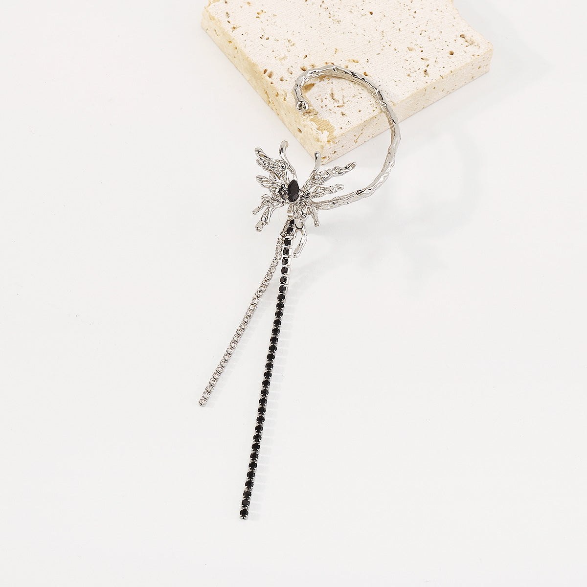 Black Crystal and Cubic Zirconia Butterfly Tassel Ear Cuff, drop earrings for women, vintage-inspired design, side view
