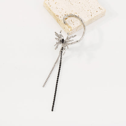 Black Crystal and Cubic Zirconia Butterfly Tassel Ear Cuff, drop earrings for women, vintage-inspired design, side view