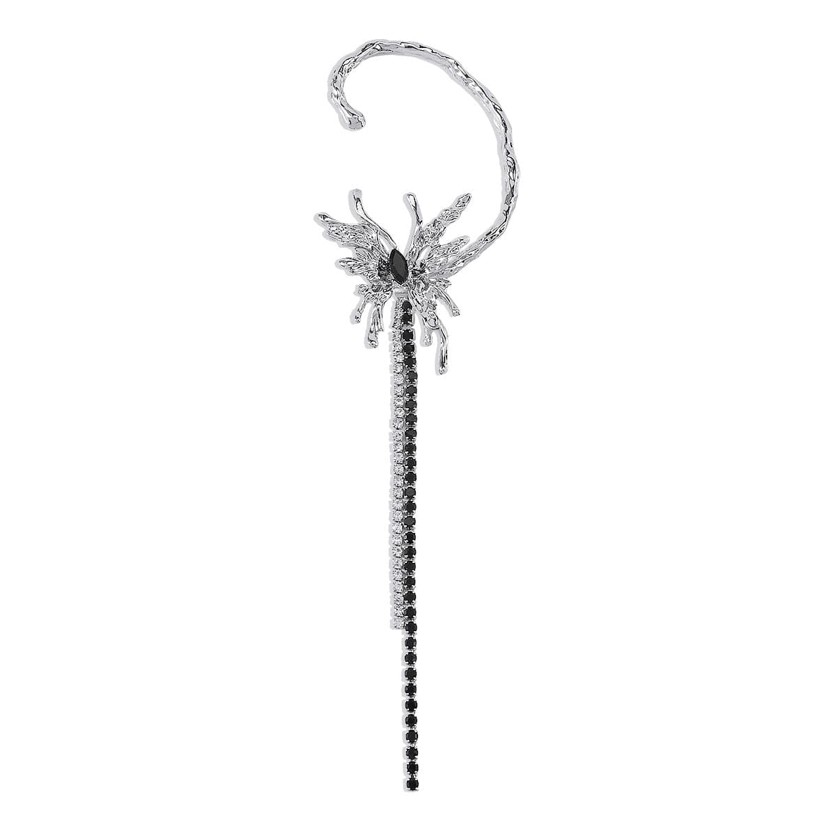 Black Crystal and Cubic Zirconia Butterfly Tassel Ear Cuff, drop earrings for women, vintage-inspired design, front view