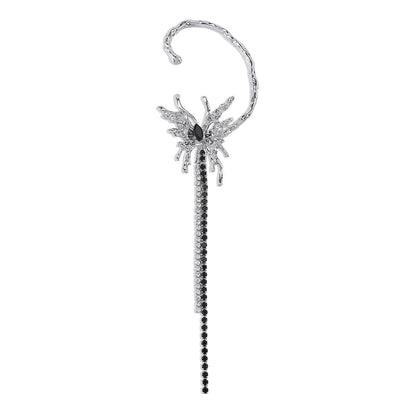 Black Crystal and Cubic Zirconia Butterfly Tassel Ear Cuff, drop earrings for women, vintage-inspired design, front view