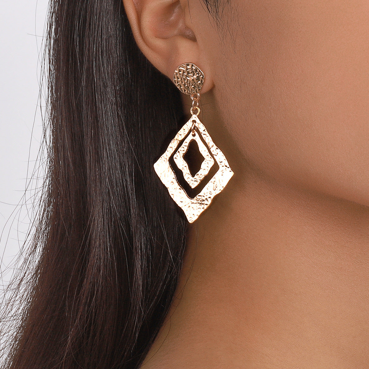 18K Gold-Plated Textured Dual Rhombus Drop Earrings, gold drop earrings for women, botanical inspired, front view