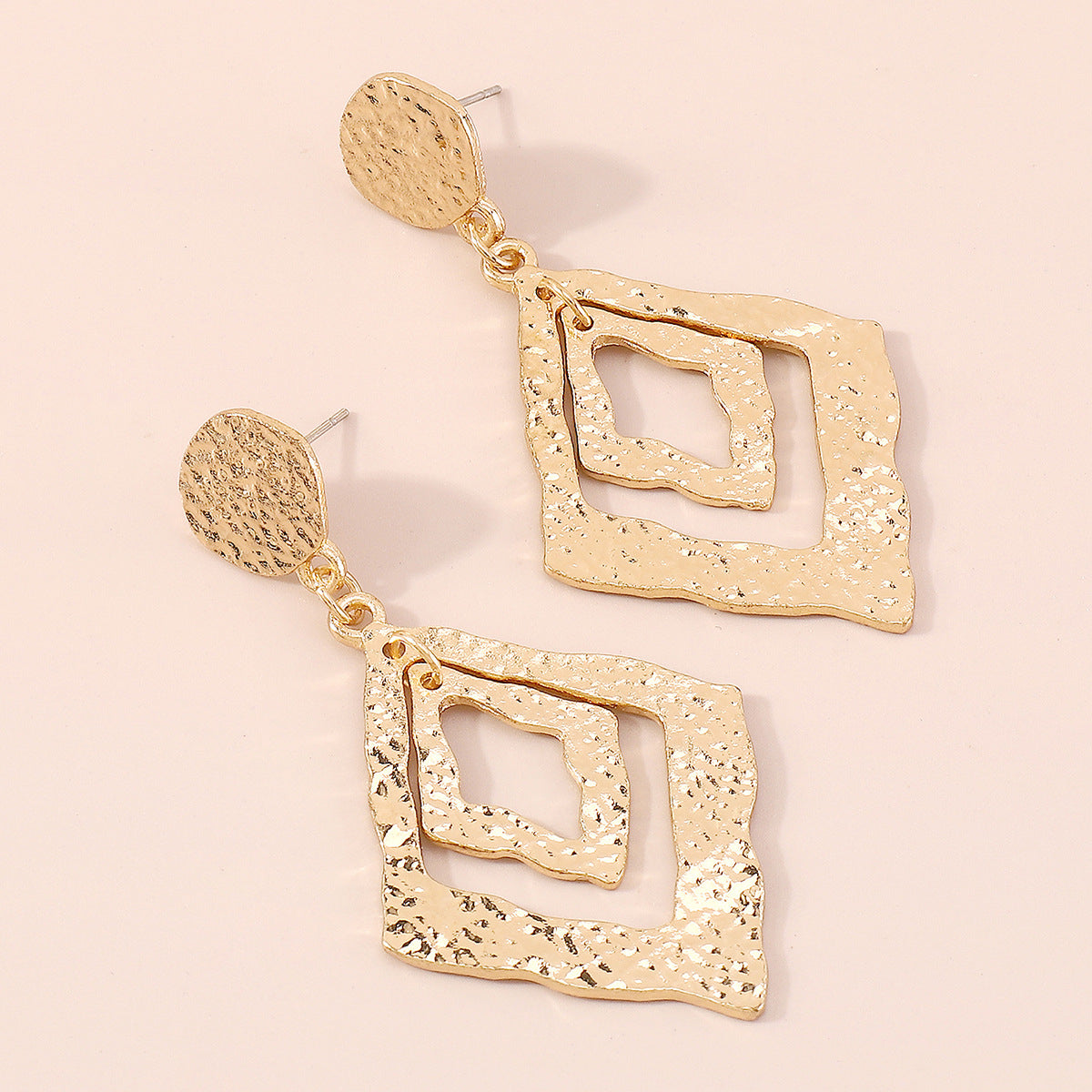 18K Gold-Plated Textured Dual Rhombus Drop Earrings, gold drop earrings for women, botanical inspired, lifestyle look