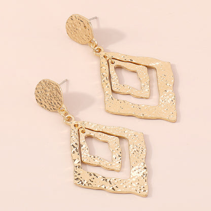 18K Gold-Plated Textured Dual Rhombus Drop Earrings, gold drop earrings for women, botanical inspired, lifestyle look