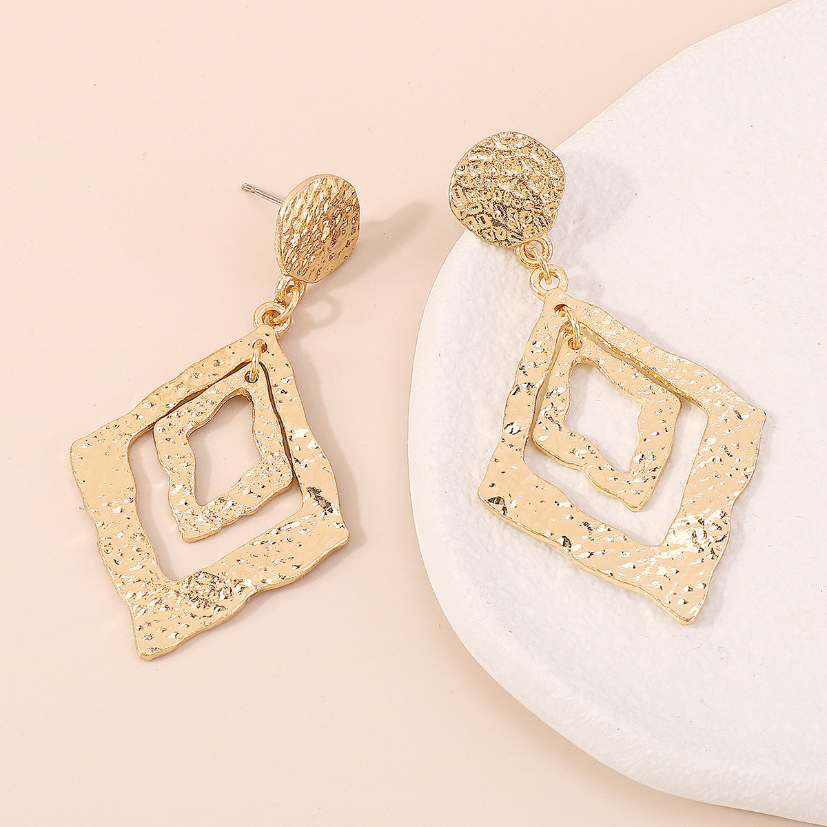 18K Gold-Plated Textured Dual Rhombus Drop Earrings, gold drop earrings for women, botanical inspired, styled look