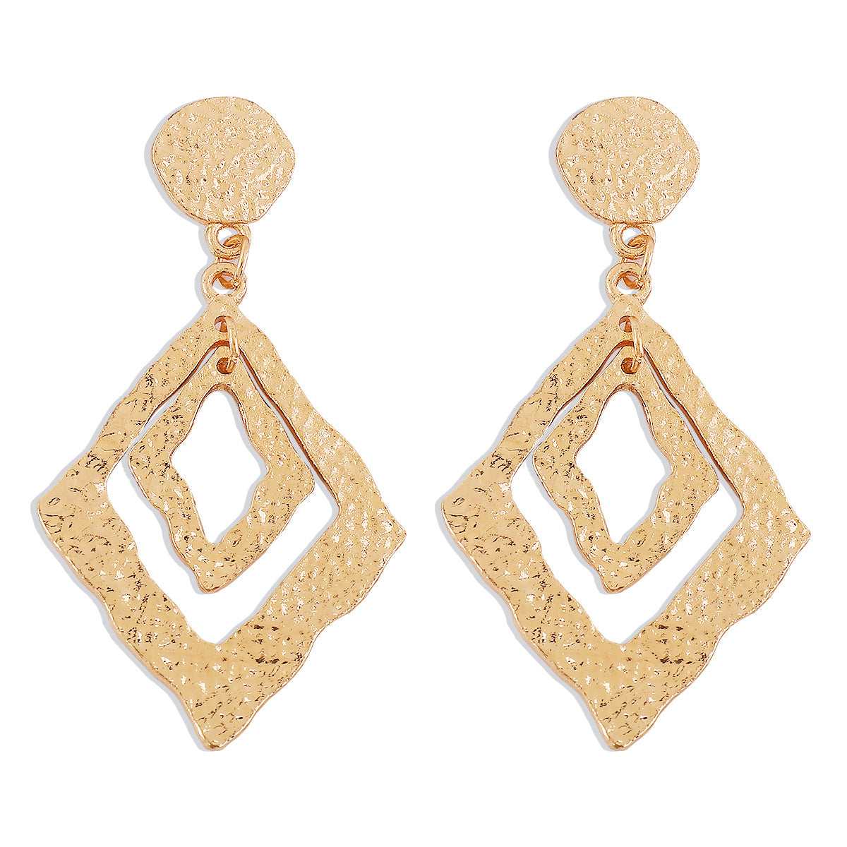 18K Gold-Plated Textured Dual Rhombus Drop Earrings, gold drop earrings for women, botanical inspired, detail close-up