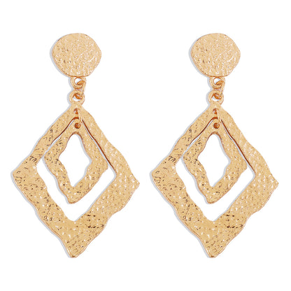 18K Gold-Plated Textured Dual Rhombus Drop Earrings, gold drop earrings for women, botanical inspired, detail close-up