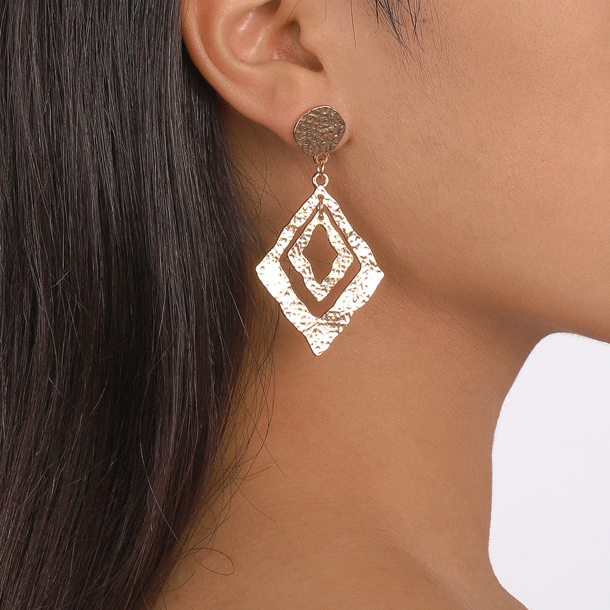 18K Gold-Plated Textured Dual Rhombus Drop Earrings, gold drop earrings for women, botanical inspired, side view
