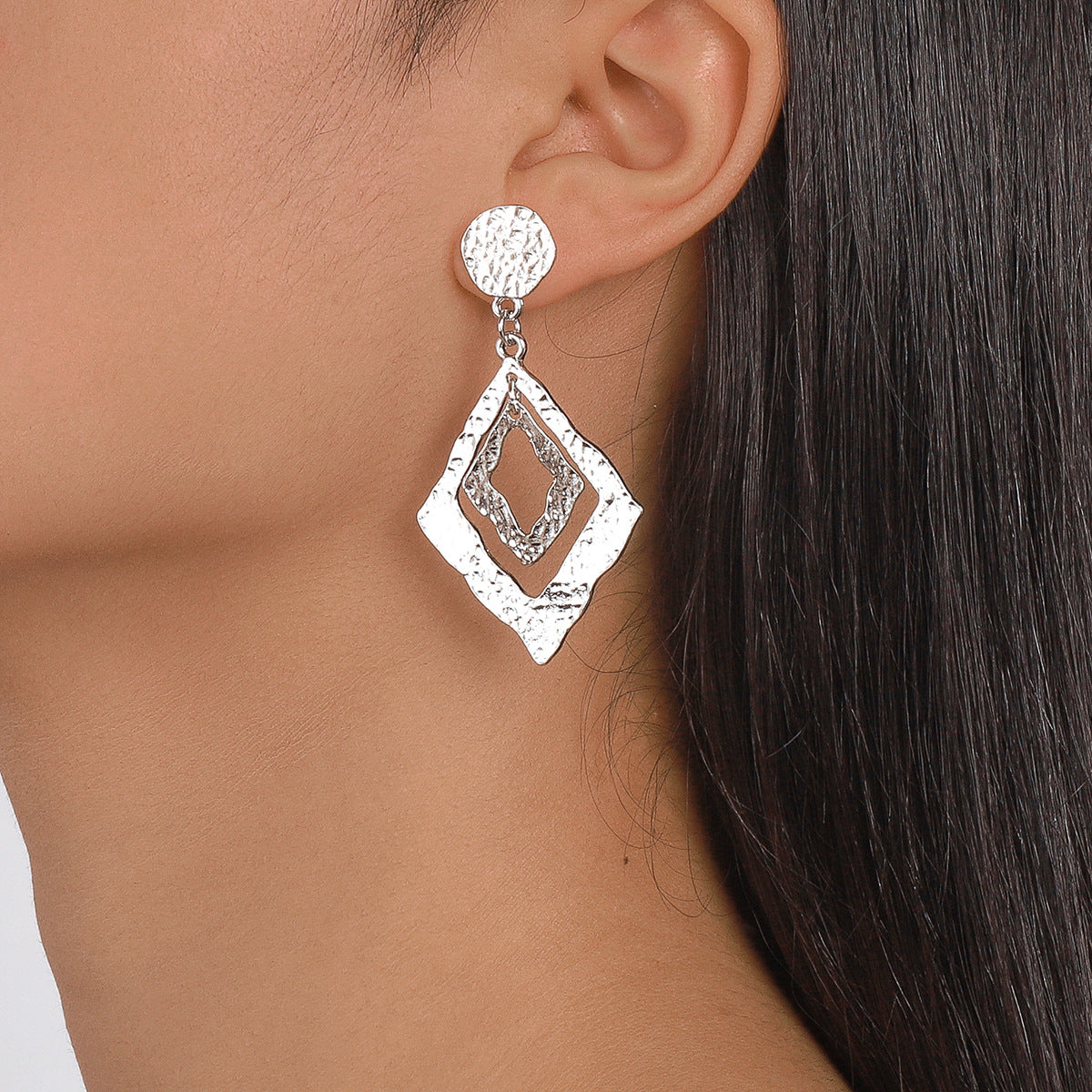 Silver-Plated Textured Dual Rhombus Drop Earrings, silver drop earrings for women, everyday style, front view