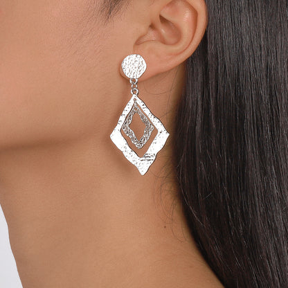 Silver-Plated Textured Dual Rhombus Drop Earrings, silver drop earrings for women, everyday style, front view