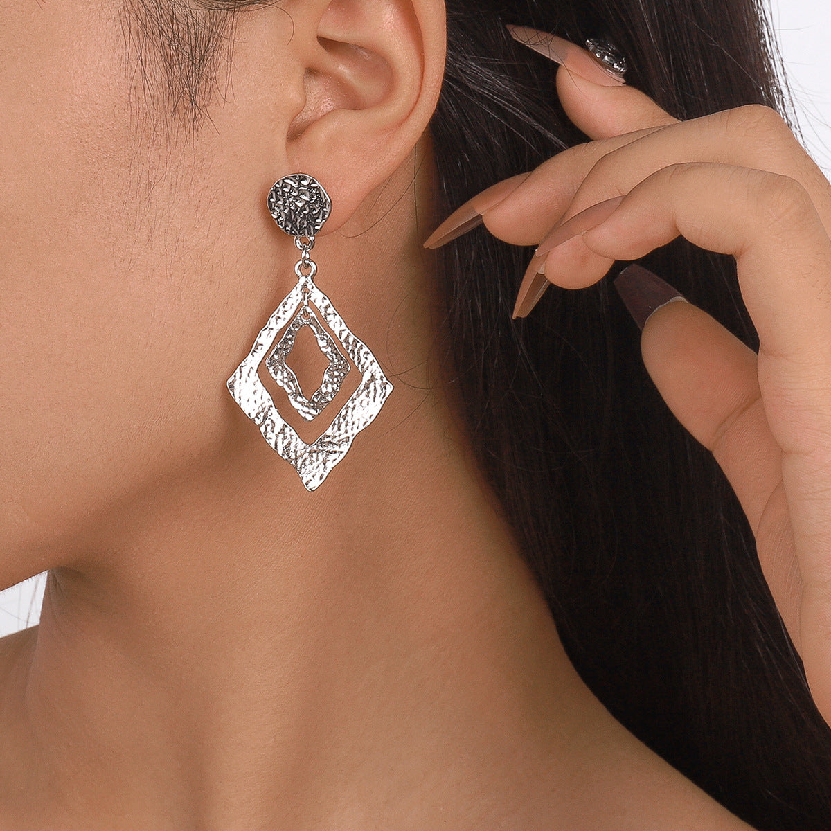 Silver-Plated Textured Dual Rhombus Drop Earrings, silver drop earrings for women, everyday style, side view