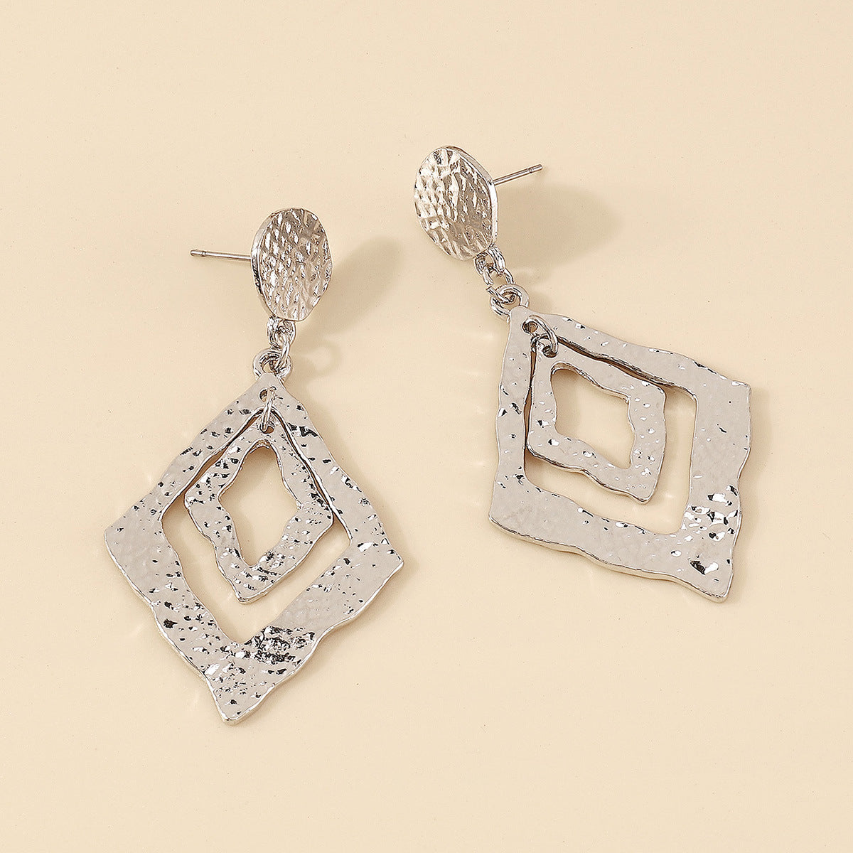 Silver-Plated Textured Dual Rhombus Drop Earrings, silver drop earrings for women, everyday style, styled look