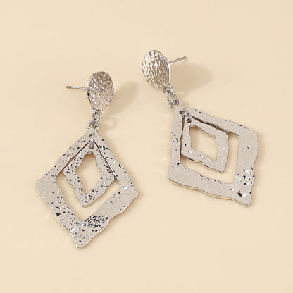 Silver-Plated Textured Dual Rhombus Drop Earrings, silver drop earrings for women, everyday style, styled look