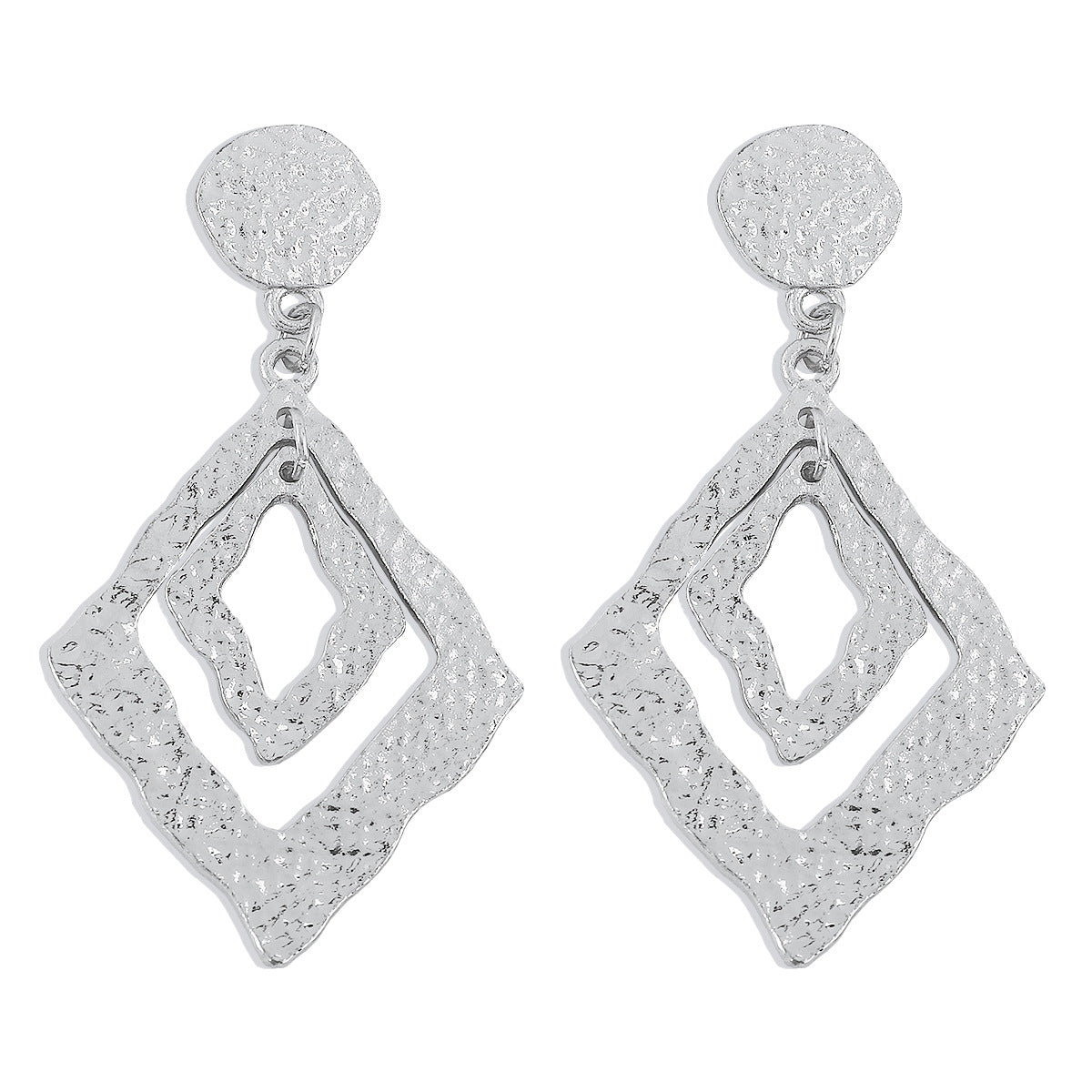 Silver-Plated Textured Dual Rhombus Drop Earrings, silver drop earrings for women, everyday style, detail close-up