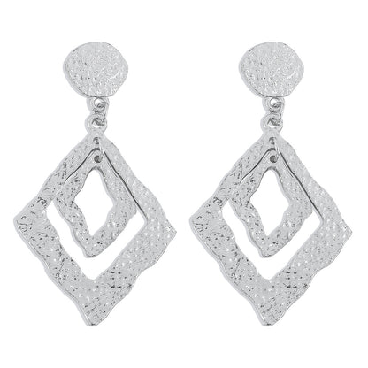 Silver-Plated Textured Dual Rhombus Drop Earrings, silver drop earrings for women, everyday style, detail close-up