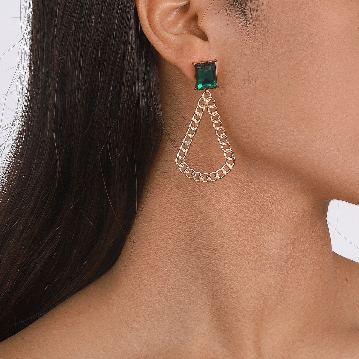 Green Crystal and 18K Gold-Plated Curb Chain Drop Earrings, gold drop earrings for women, lifestyle look