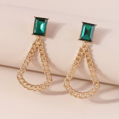 Green Crystal and 18K Gold-Plated Curb Chain Drop Earrings, gold drop earrings for women, vintage-inspired design, front view