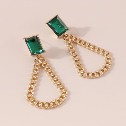 Green Crystal and 18K Gold-Plated Curb Chain Drop Earrings, gold drop earrings for women, vintage-inspired design, side view