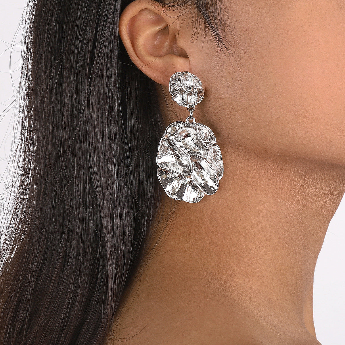 Silver-Plated Flower Blossom Drop Earrings, silver drop earrings for women, everyday style, front view