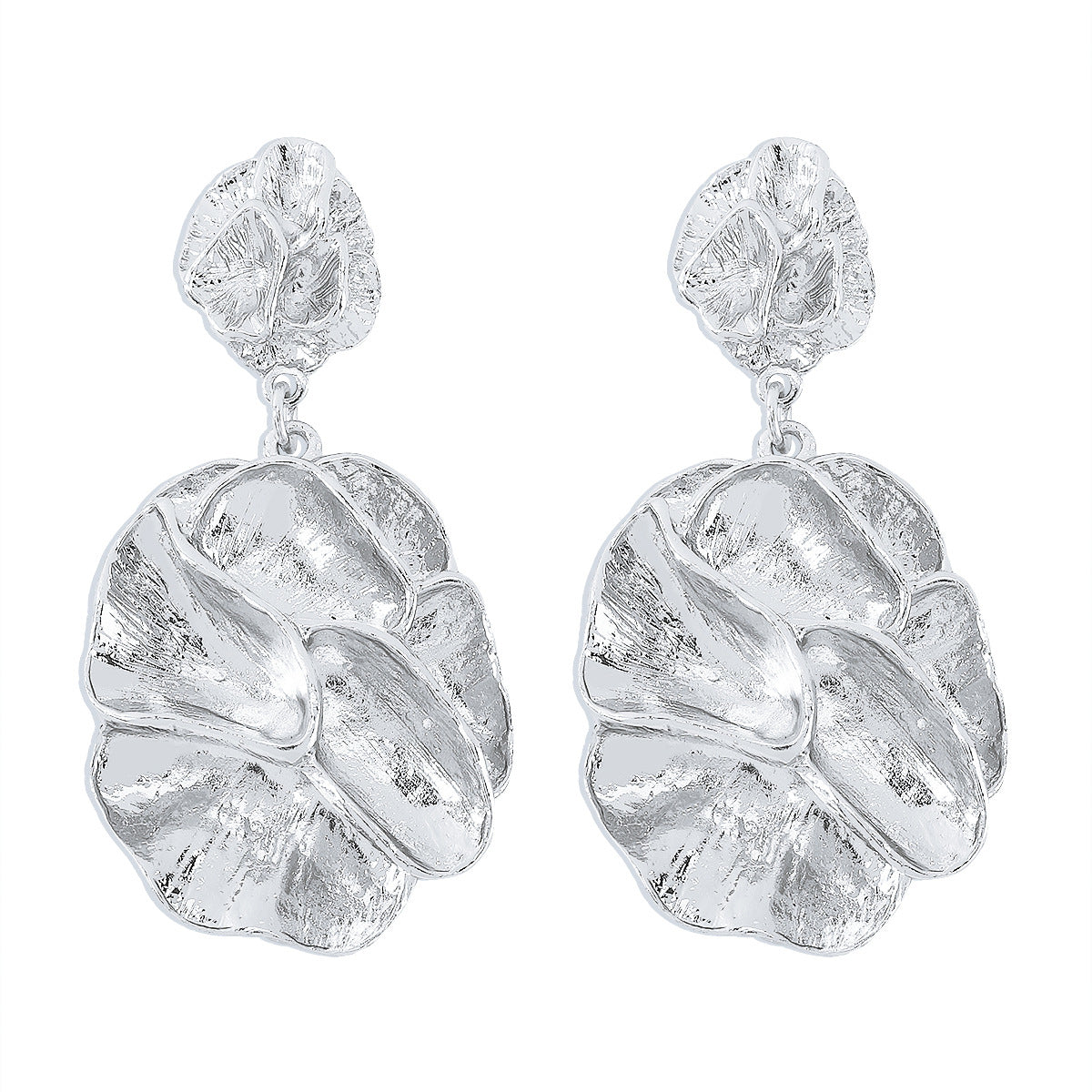 Silver-Plated Flower Blossom Drop Earrings, silver drop earrings for women, everyday style, detail close-up