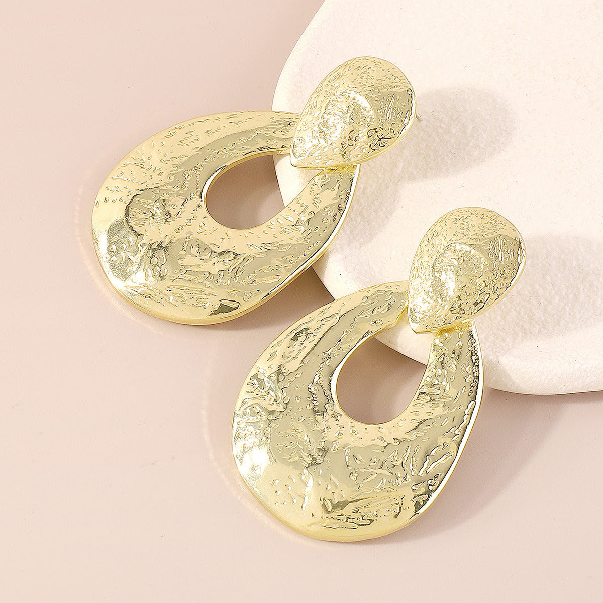 18K Gold-Plated Textured Open Drop Earrings, gold drop earrings for women, dainty minimalist design, front view