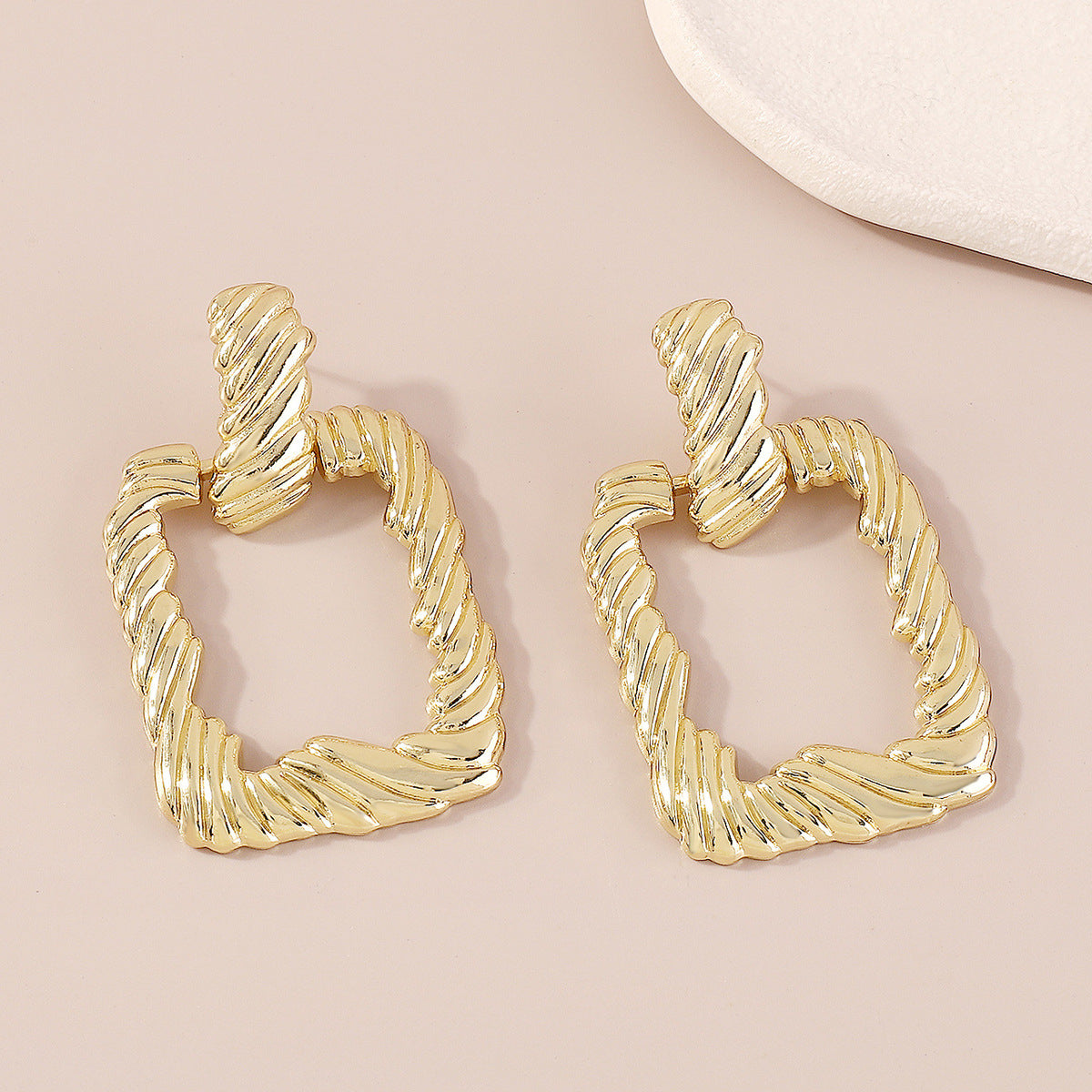 18K Gold-Plated Twine Open Rectangle Drop Earrings, gold drop earrings for women, vintage-inspired design, front view