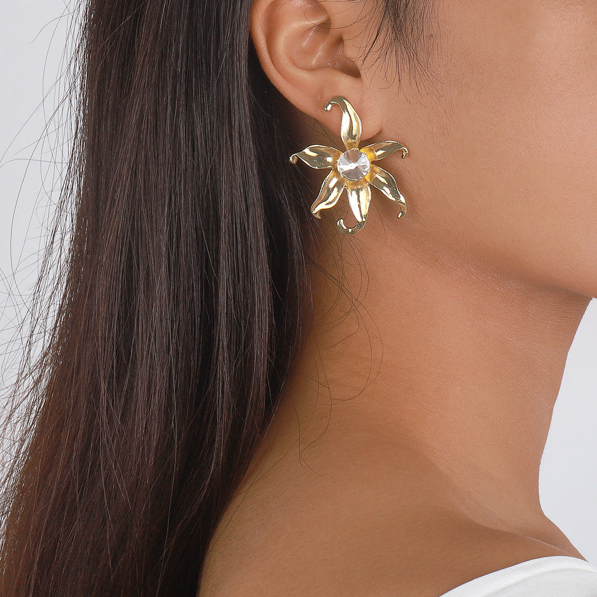 Cubic Zirconia and 18K Gold-Plated Flower Stud Earrings, gold stud earrings for women, elegant gift for her, lifestyle look