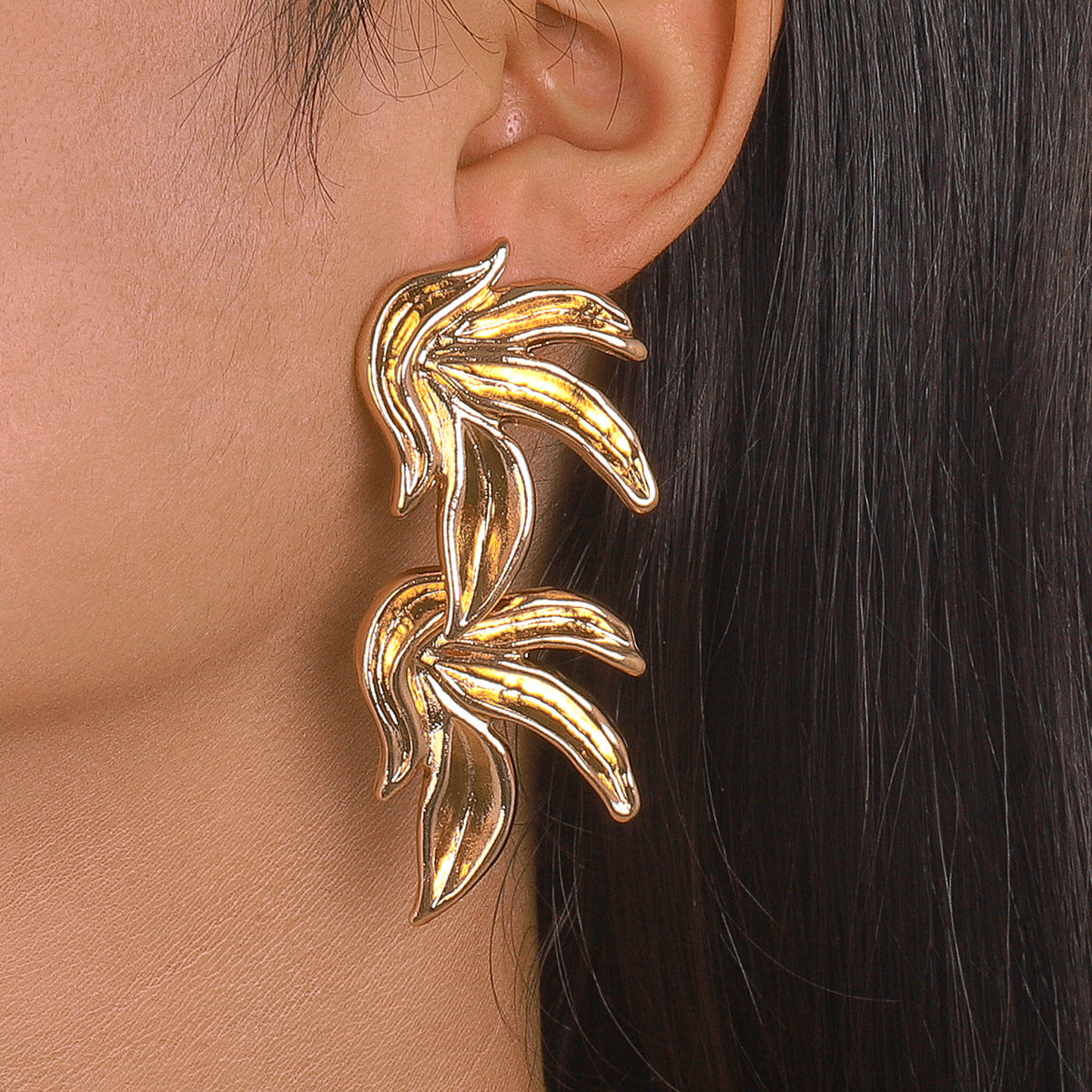 18K Gold-Plated Linked Leaves Drop Earrings, gold drop earrings for women, botanical inspired, front view