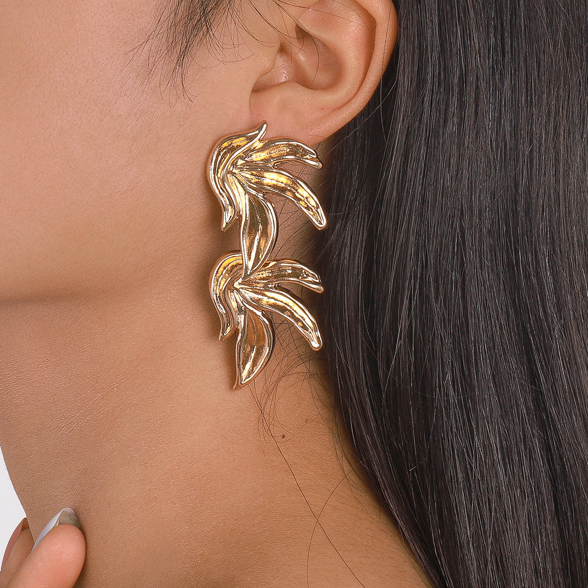 18K Gold-Plated Linked Leaves Drop Earrings, gold drop earrings for women, botanical inspired, side view