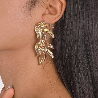 18K Gold-Plated Linked Leaves Drop Earrings, gold drop earrings for women, botanical inspired, side view
