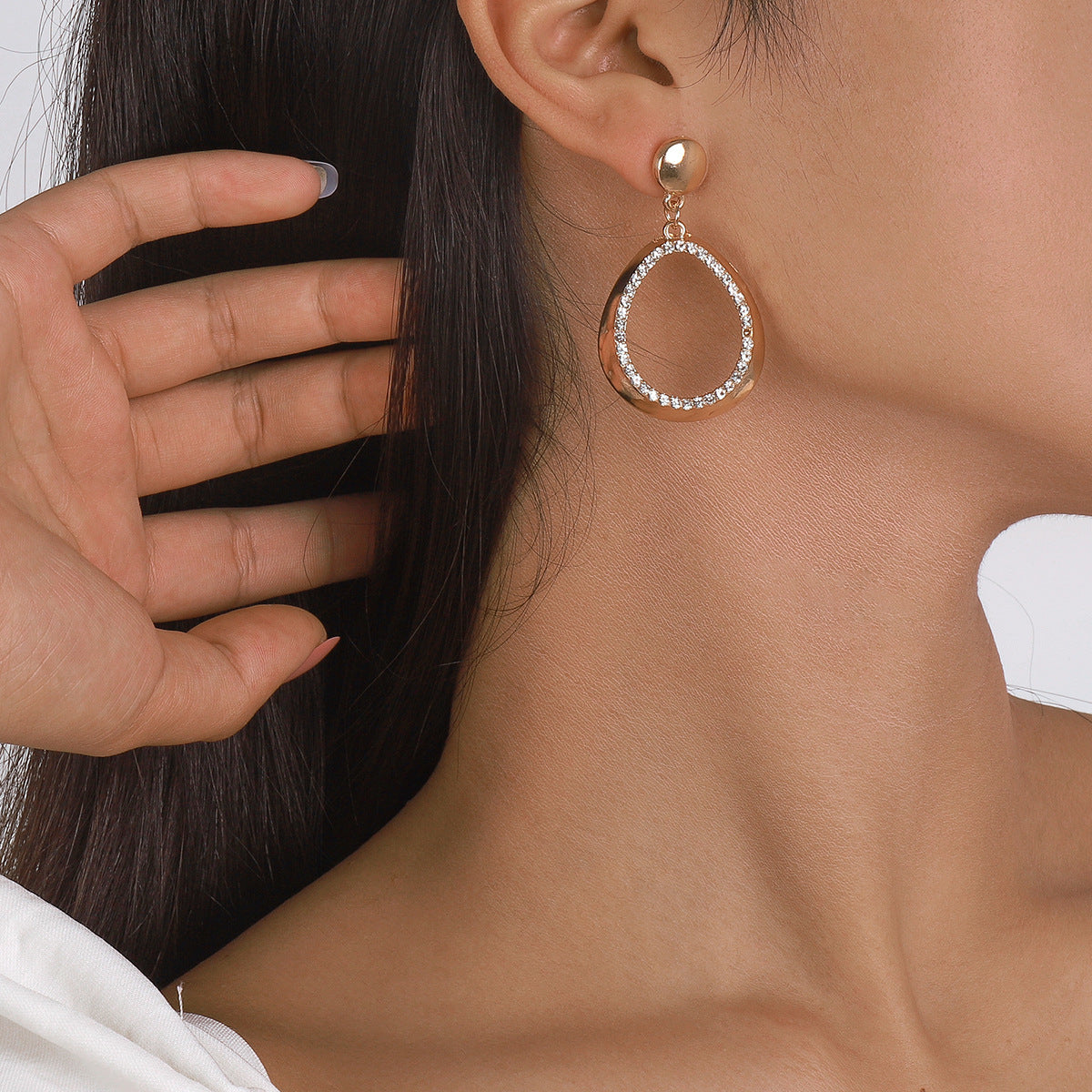 Cubic Zirconia and 18K Gold-Plated Open Oval Drop Earrings, gold drop earrings for women, botanical inspired, lifestyle look