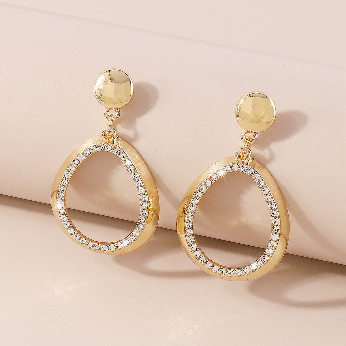 Cubic Zirconia and 18K Gold-Plated Open Oval Drop Earrings, gold drop earrings for women, botanical inspired, side view