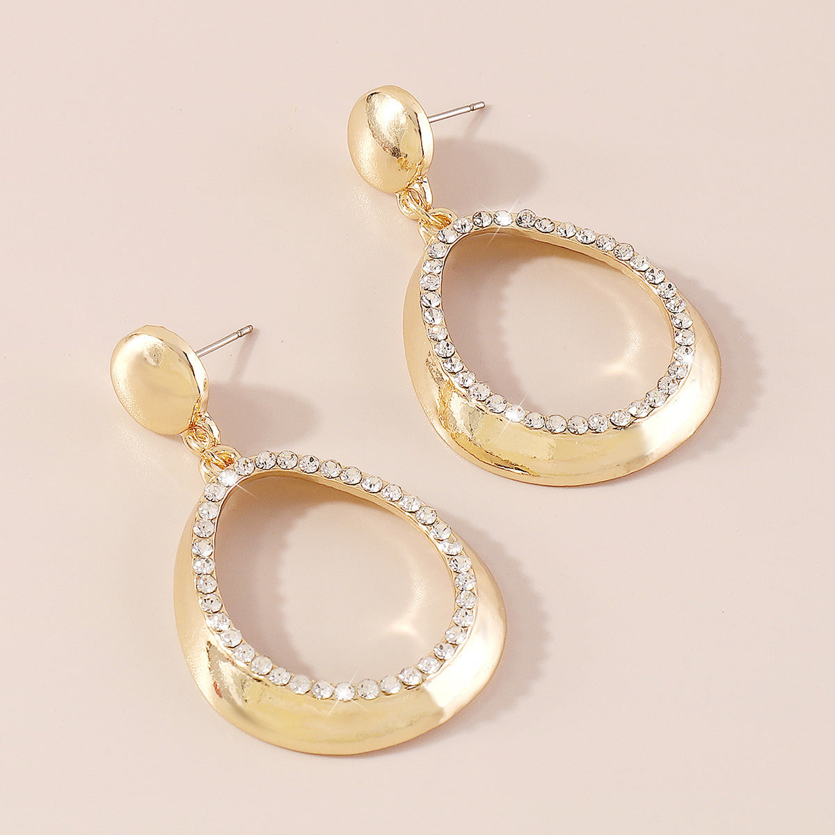 Cubic Zirconia and 18K Gold-Plated Open Oval Drop Earrings, gold drop earrings for women, botanical inspired, detail close-up
