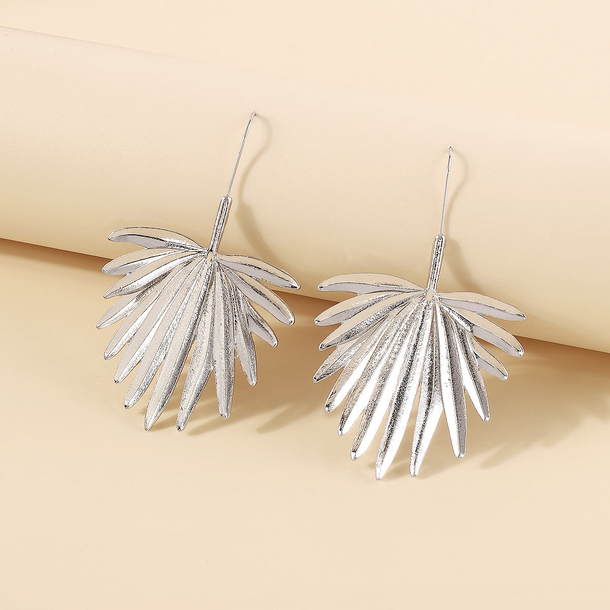 Silver-Plated Palm Leaf Drop Earrings, silver drop earrings for women, botanical inspired, front view