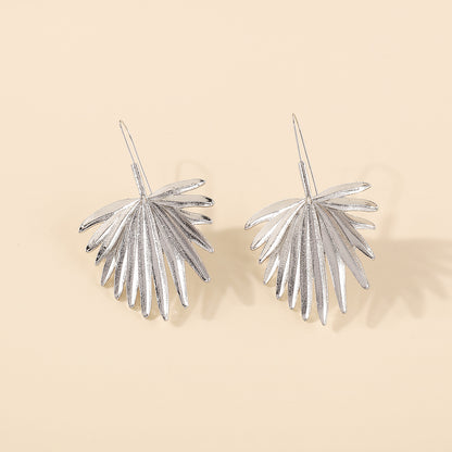 Silver-Plated Palm Leaf Drop Earrings, silver drop earrings for women, botanical inspired, detail close-up
