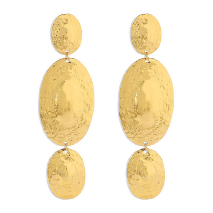18K Gold-Plated Textured Oval Drop Earrings, gold drop earrings for women, dainty minimalist design, front view