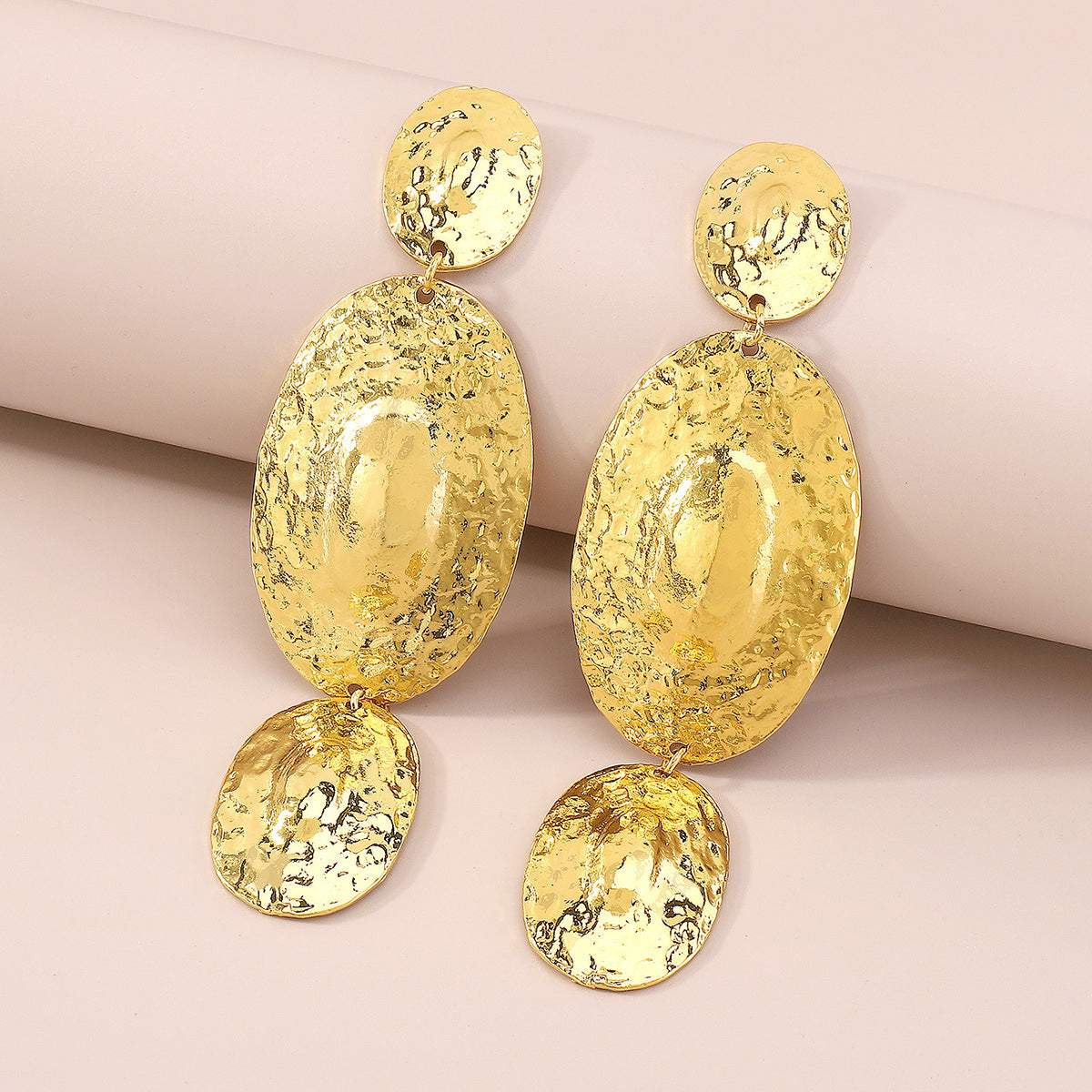 18K Gold-Plated Textured Oval Drop Earrings, gold drop earrings for women, dainty minimalist design, side view