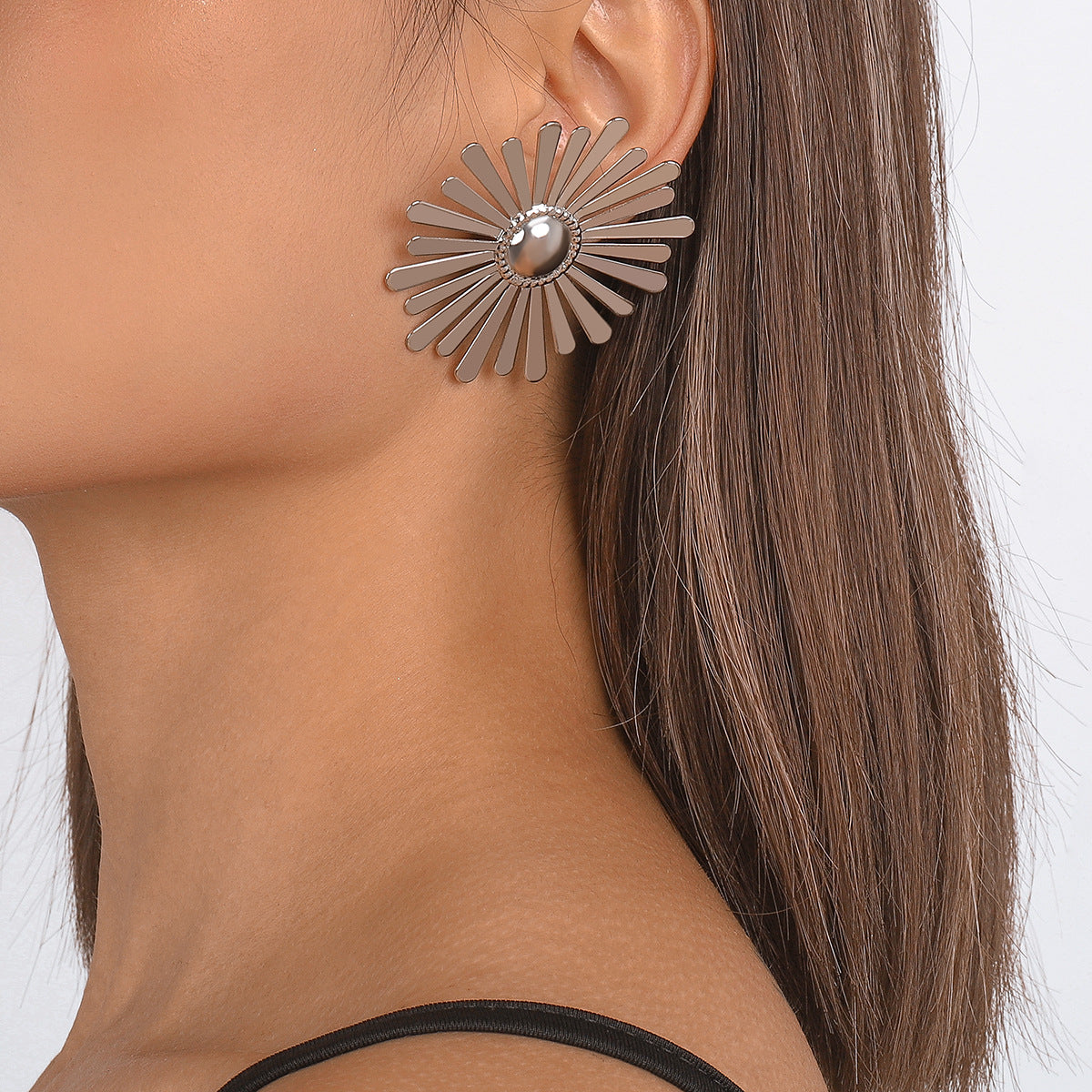 Silver-Plated Sunflower Stud Earrings, silver stud earrings for women, elegant gift for her, lifestyle look
