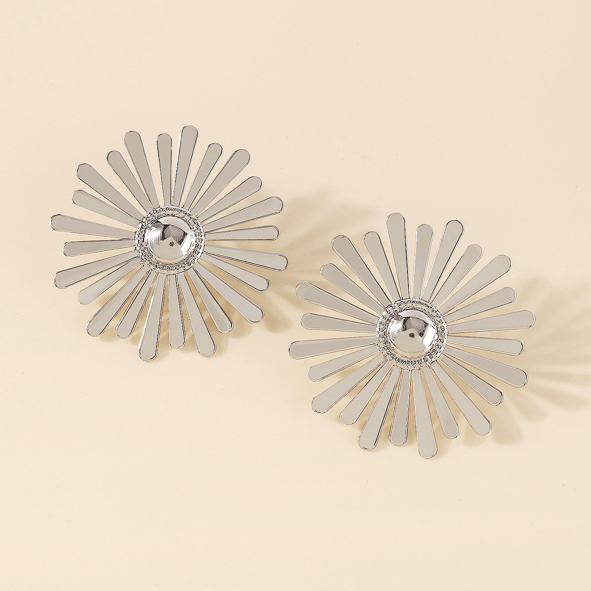 Silver-Plated Sunflower Stud Earrings, silver stud earrings for women, elegant gift for her, front view