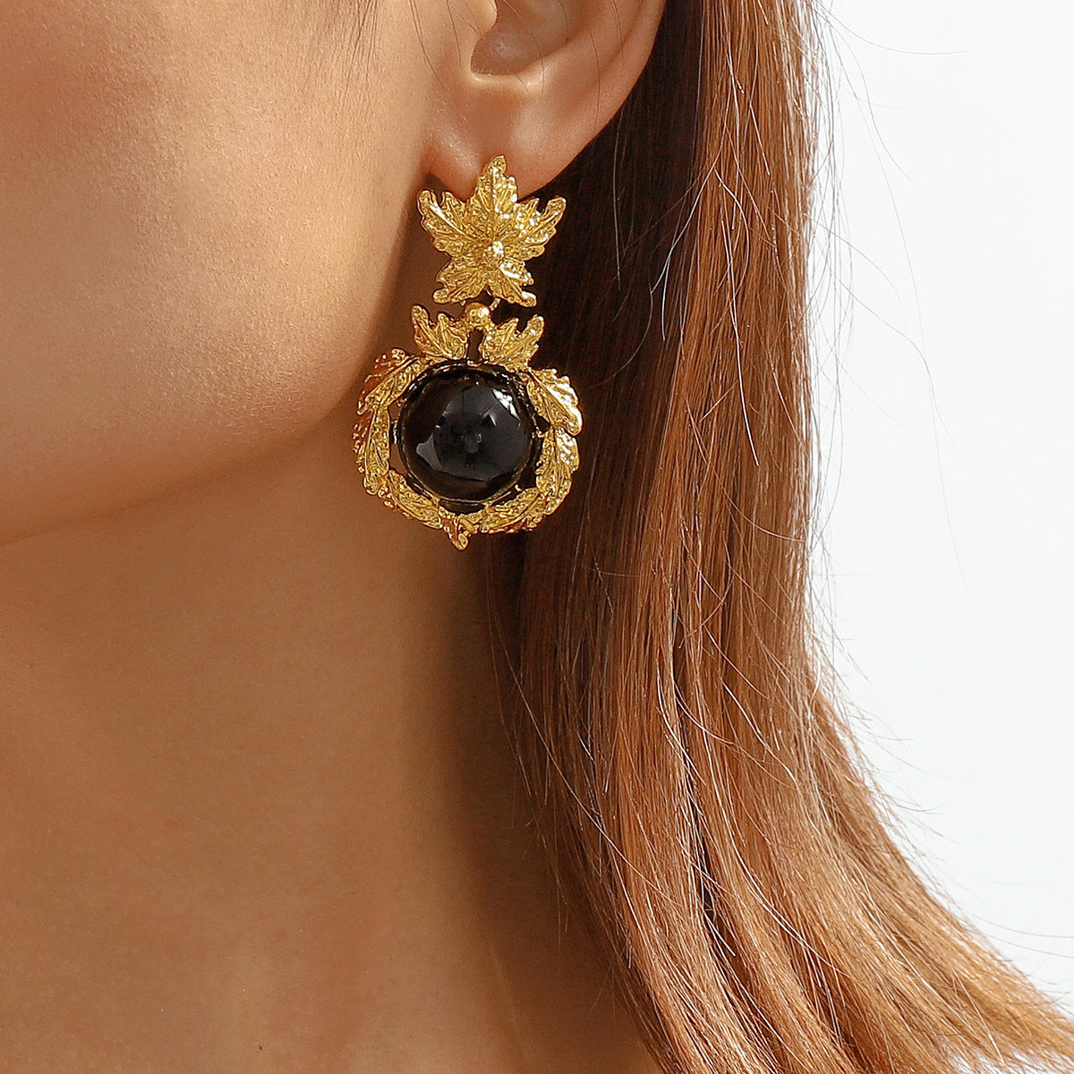 Black & 18K Gold-Plated Botanical Drop Earrings