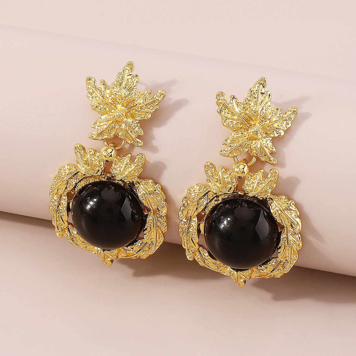 Black & 18K Gold-Plated Botanical Drop Earrings
