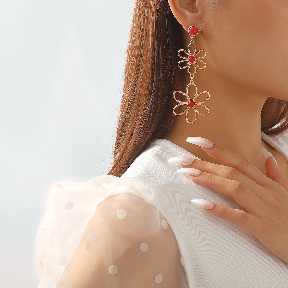 Red Turquoise & 18K Gold-Plated Open Flowers Dangle Earring