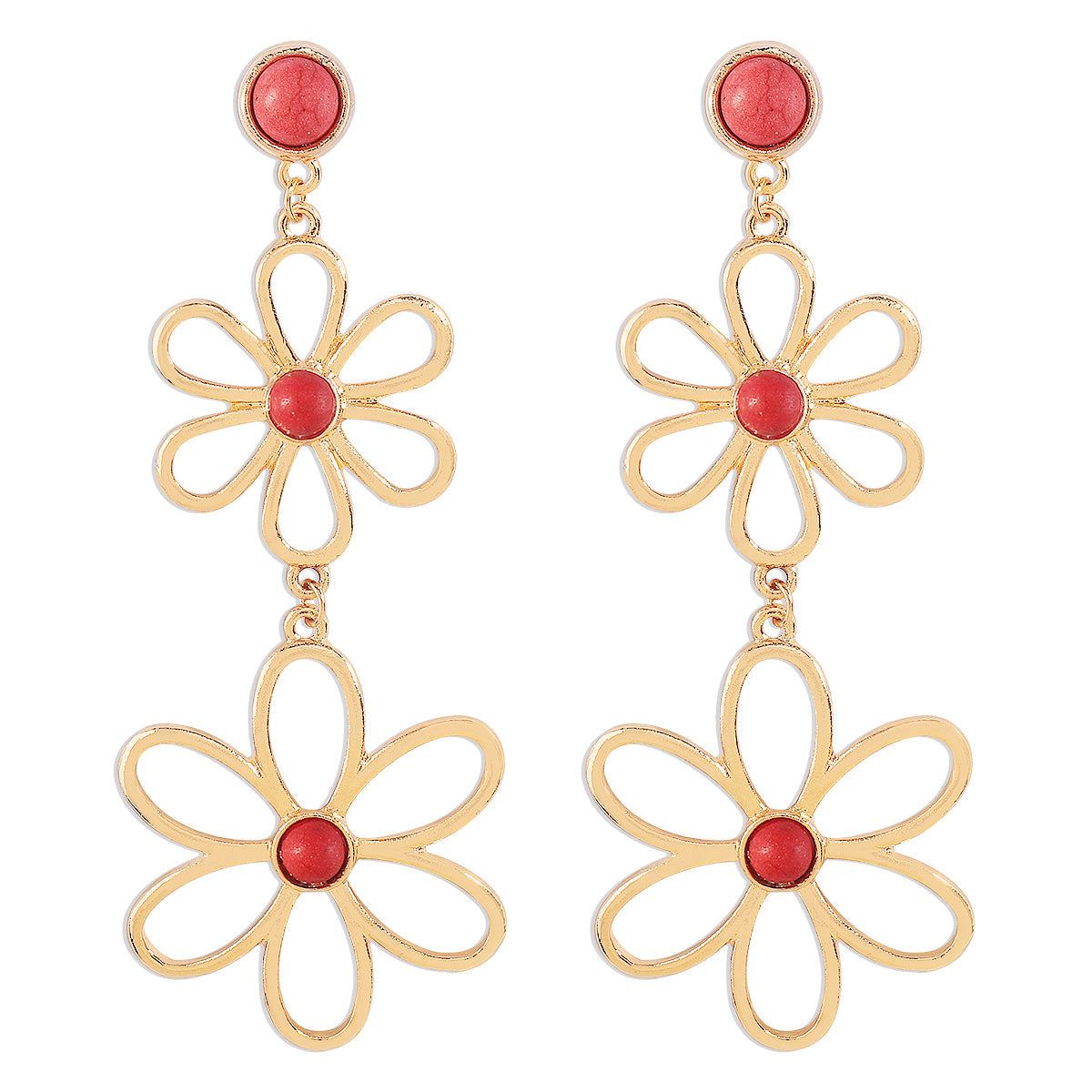 Red Turquoise & 18K Gold-Plated Open Flowers Dangle Earring