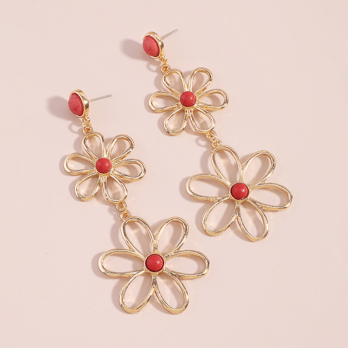 Red Turquoise & 18K Gold-Plated Open Flowers Dangle Earring